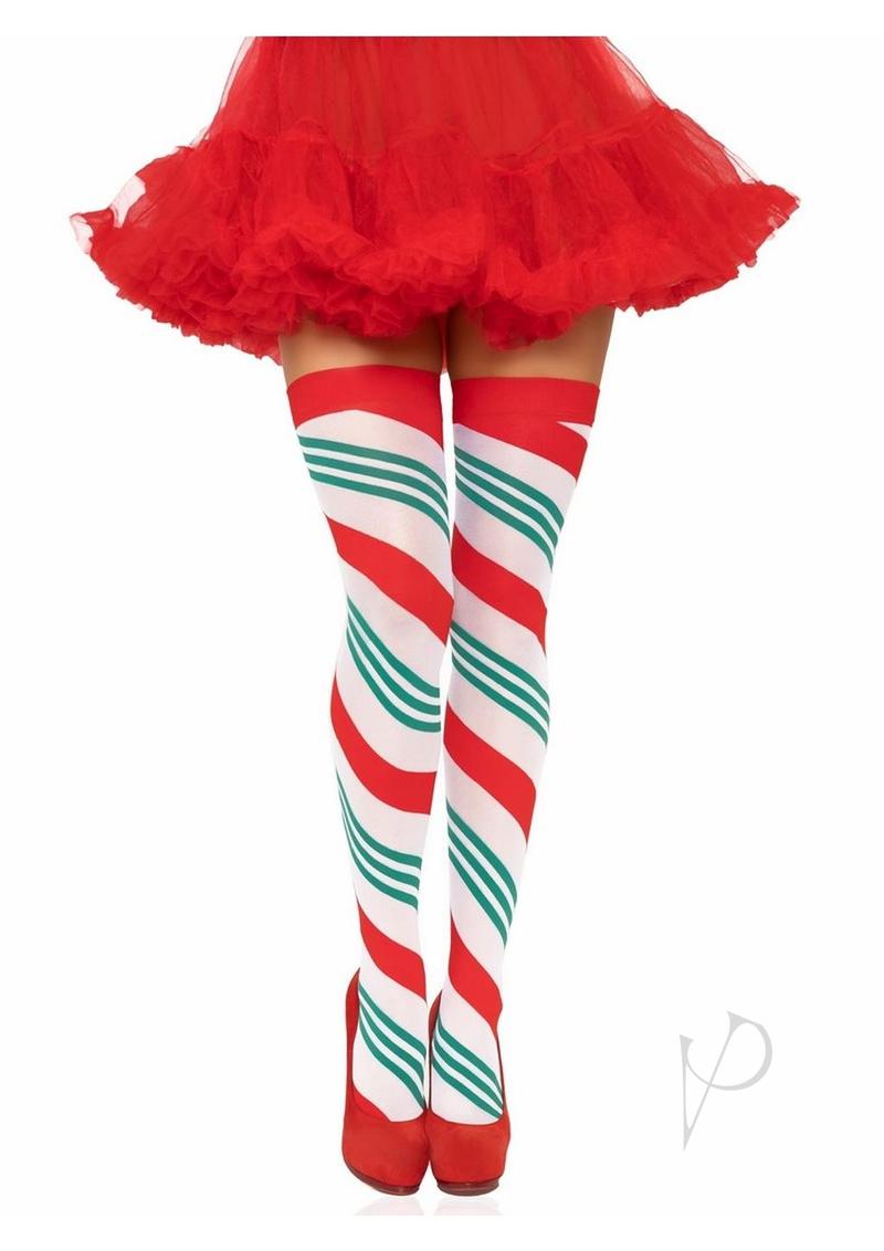 Holiday Ribbon Thigh High Os Rd/wht/gr