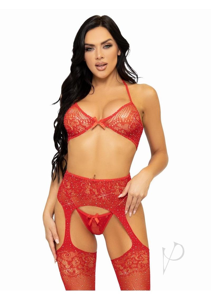 Rhinestone Bra Gstring Garter 3pc Os Red