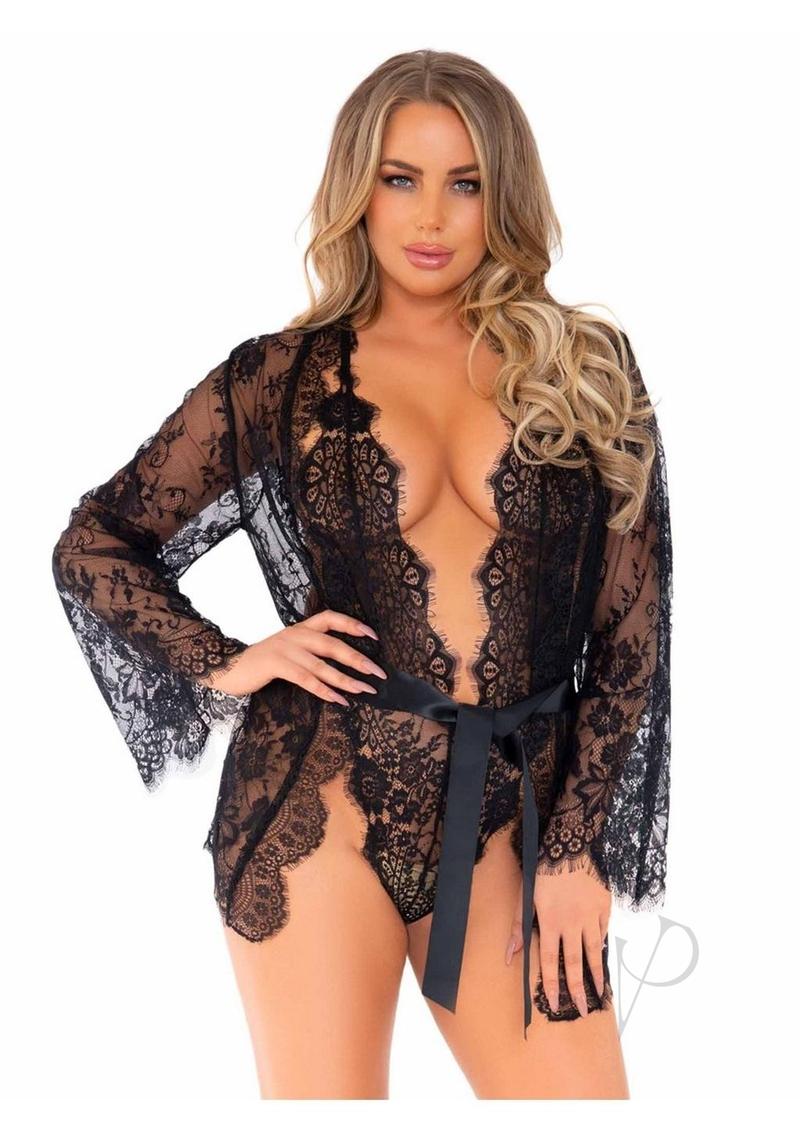 Floral Lace Teddy Thong Robe Tie Sm Blk