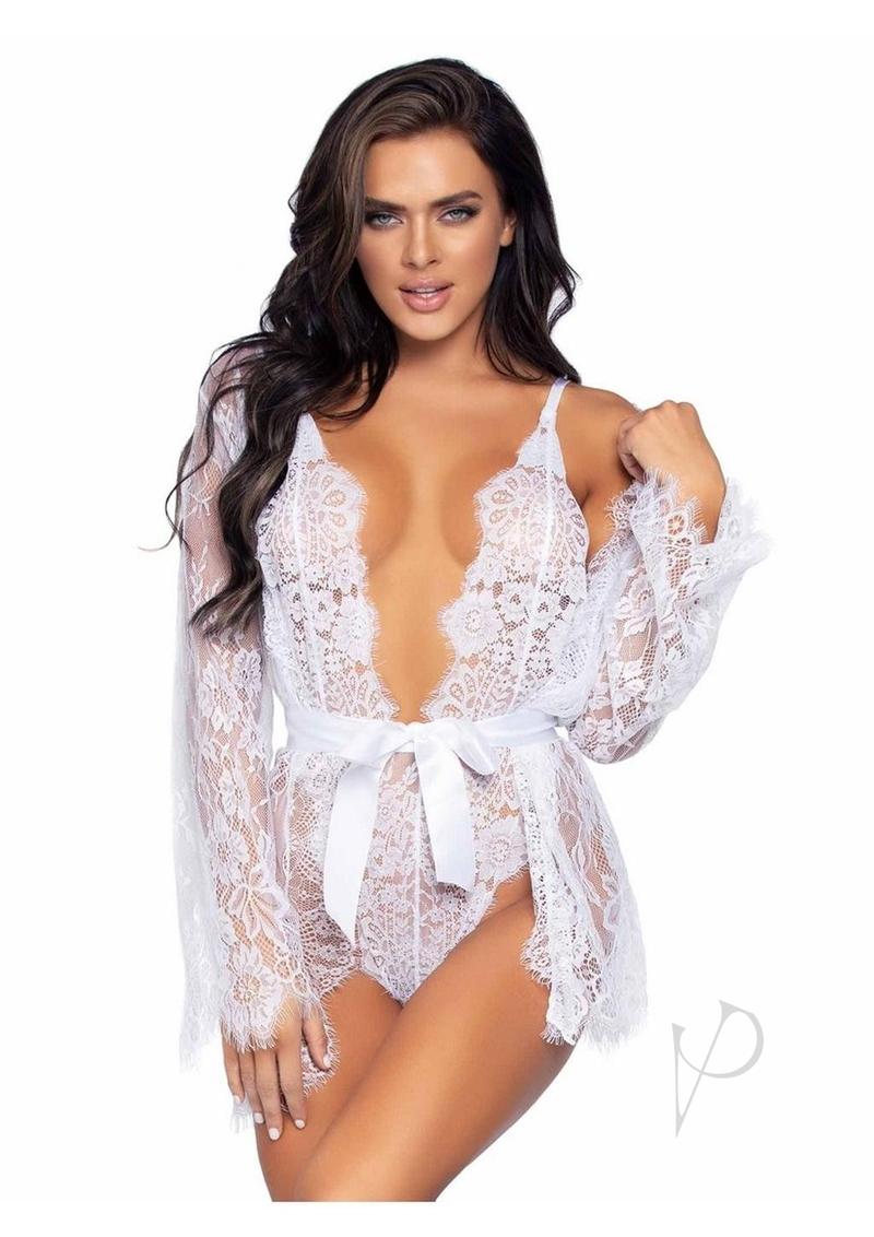 Floral Lace Teddy Thong Robe Tie Sm Wht