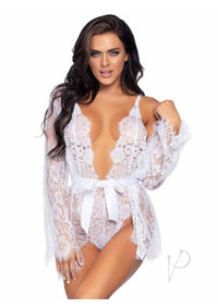 Floral Lace Teddy Thong Robe Tie Md Wht