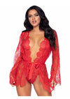 Floral Lace Teddy Thong Robe Tie Sm Red