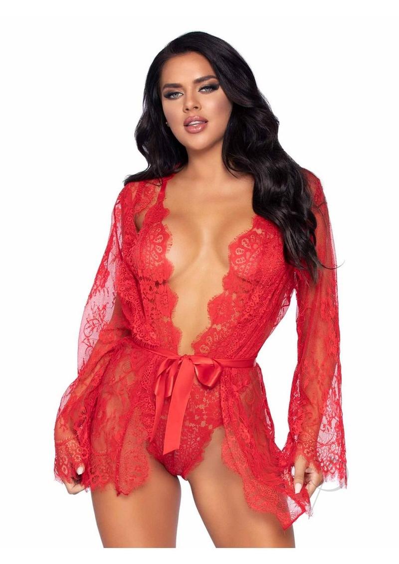 Floral Lace Teddy Thong Robe Tie Sm Red