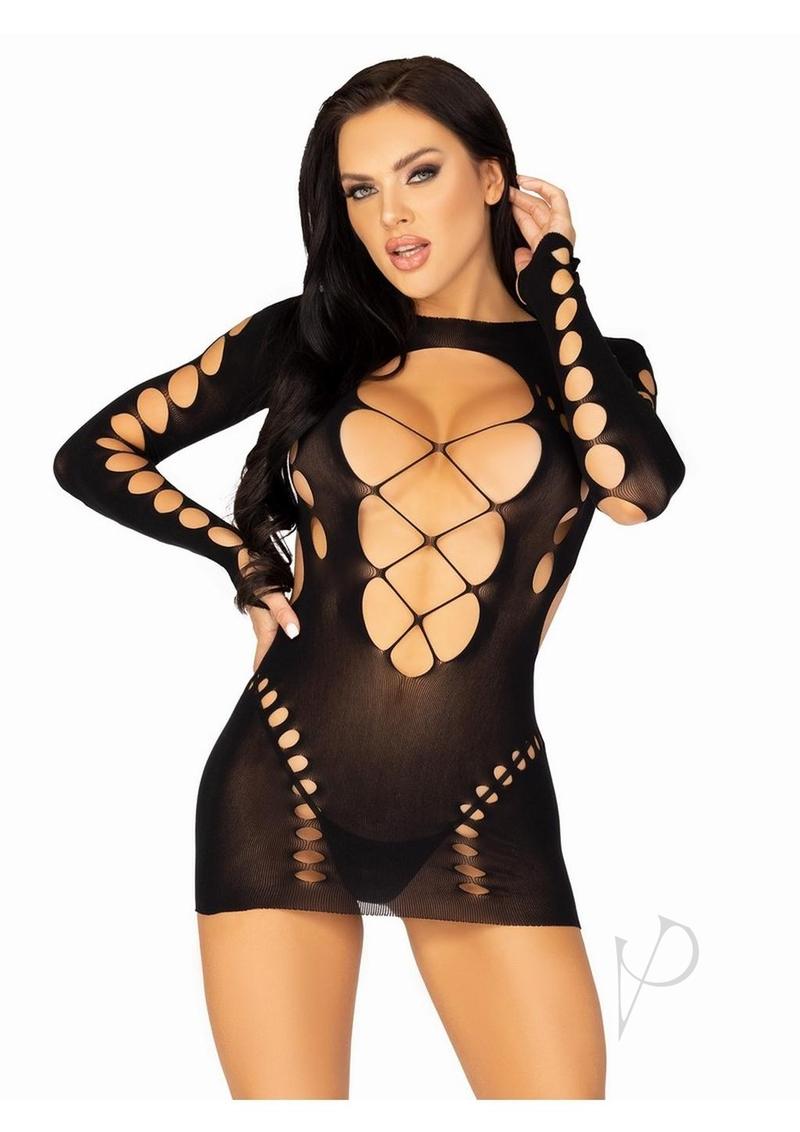 Seamless Cut Long Sleev Mini Lace Os Blk