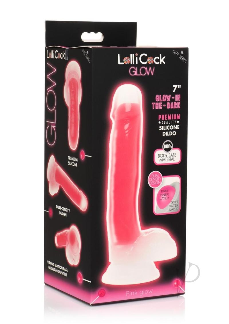 Lollicock Glow in the Dark Silicone Dildo with Balls 7in Pink