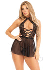 Plunging Babydoll Skirt Gstring Md Blk