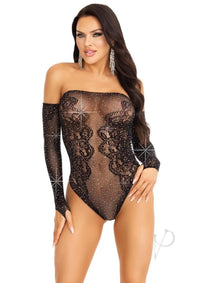 Rhinestone Net Off Shoulder Teddy Os Blk