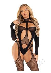 Fishnet Halter Suspend Body Teddy Os Blk