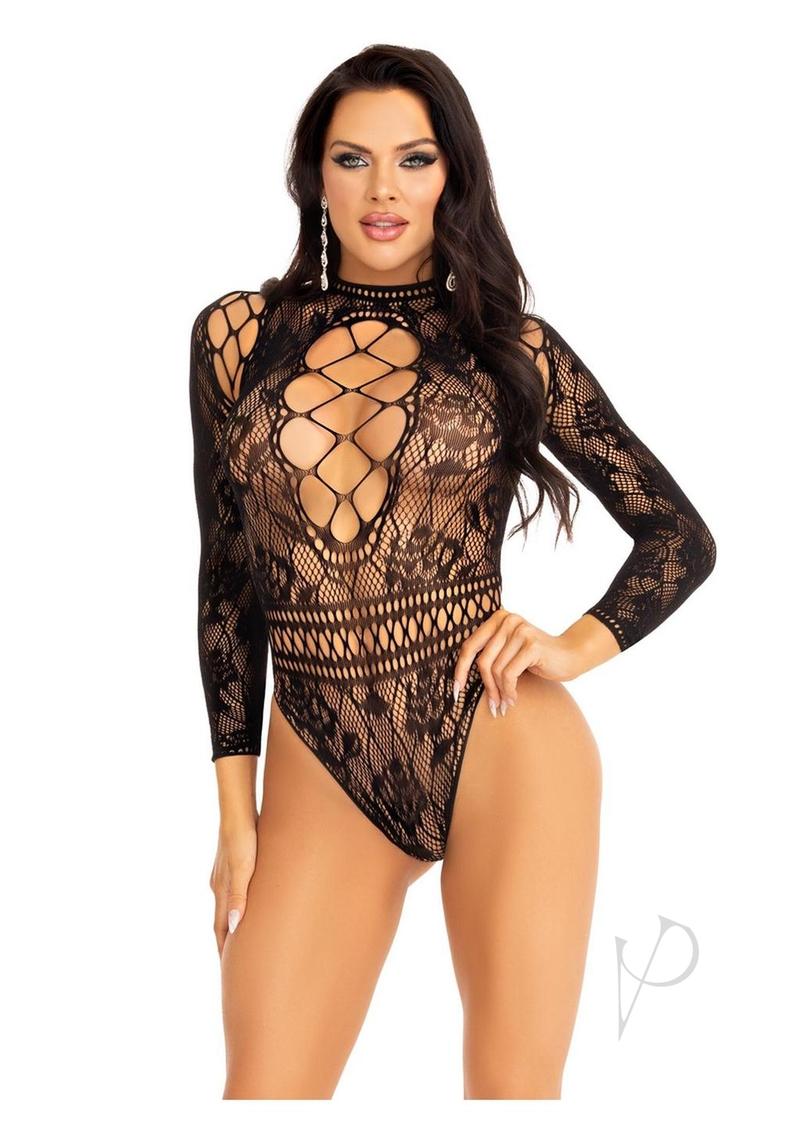 High Neck Lace Net Keyhole Suit Os Blk